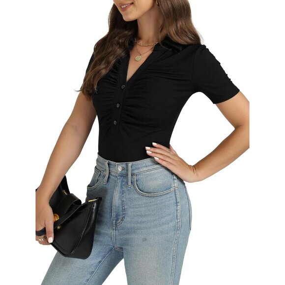 Women's Rib Knit Bodysuit Deep V Neck Ruched Button Short Sleeve Top - Picture 4 of 6